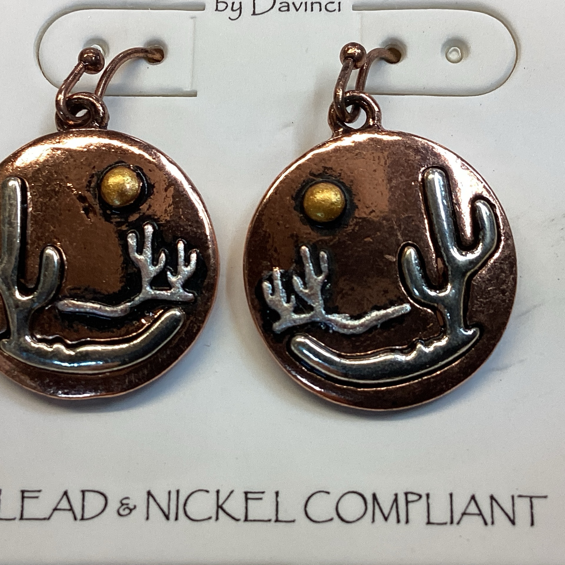 Copper base silver cactus desert sun scene circle dangle