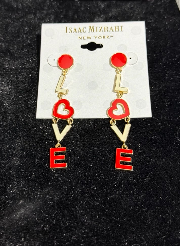 ISAAC MIZRAHI L O V E PIERCED EARRINGS RED WHITE GOLD TONE