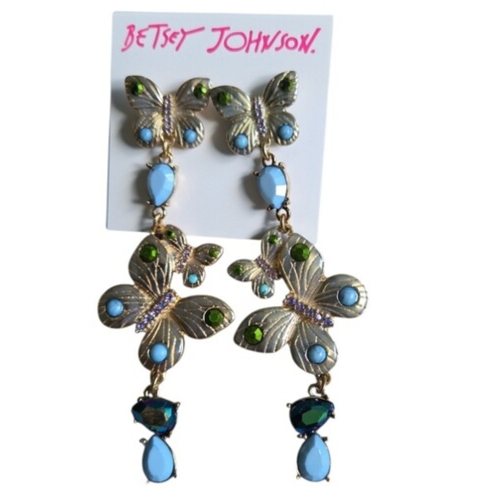 Betsey Johnson Gold Butterfly Dangle Earrings with Blue and Green Stones