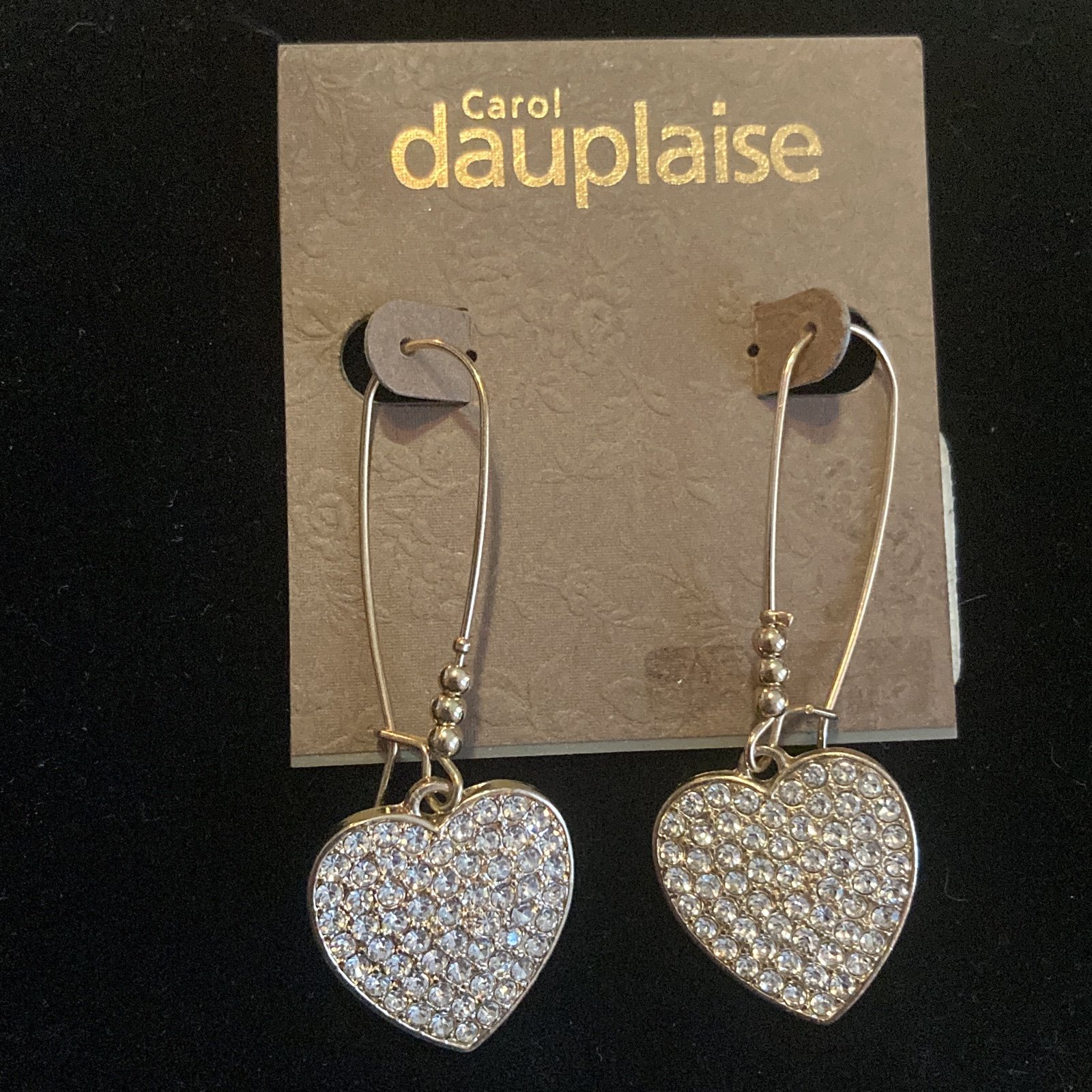 Hearts on Fire CAROL DAUPLAISE Heart Rhinestone long Earrings Gold tone