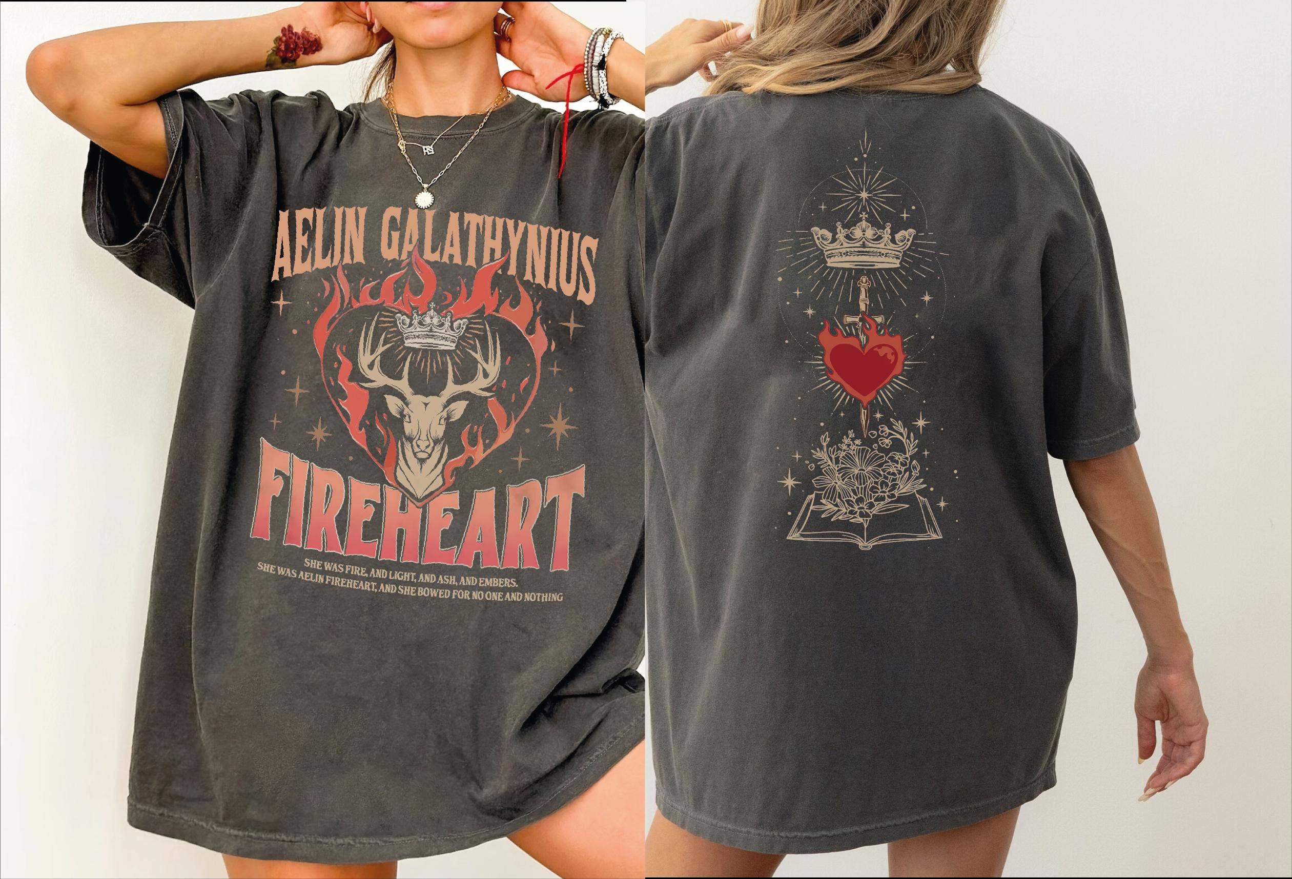 2XL Aelin's Thirteen Bookish Comfort Shirt - Fireheart Queen: T-shirt / Pepper, 2XL