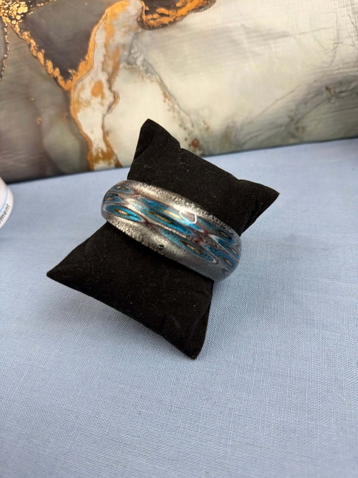 Murano GLASS Blue Peacock motif cuff bangle bracelet NON Adjustable