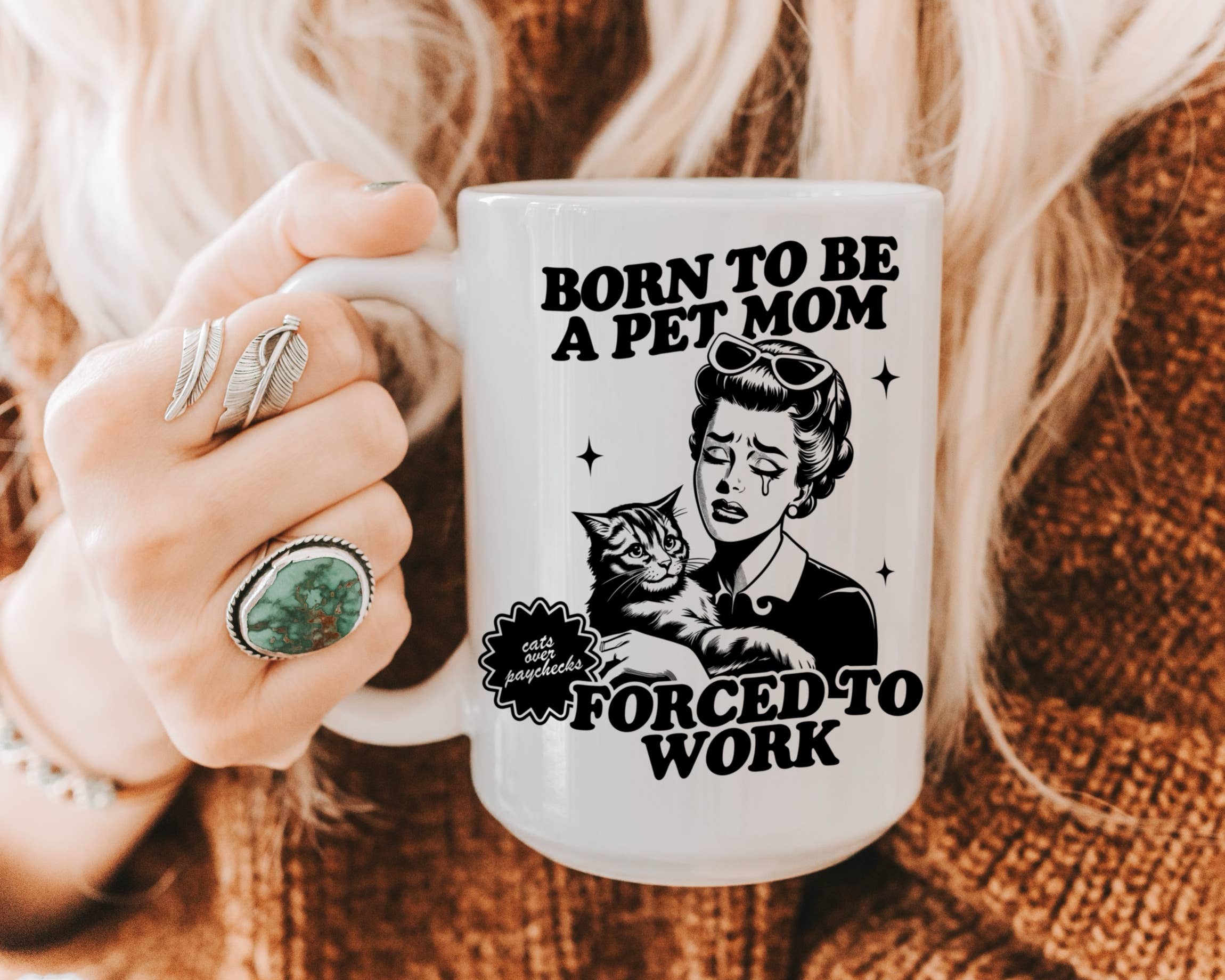 Ace the Pitmatian Co - Born to be Cat Mom Forced to Work Mug: 15 oz