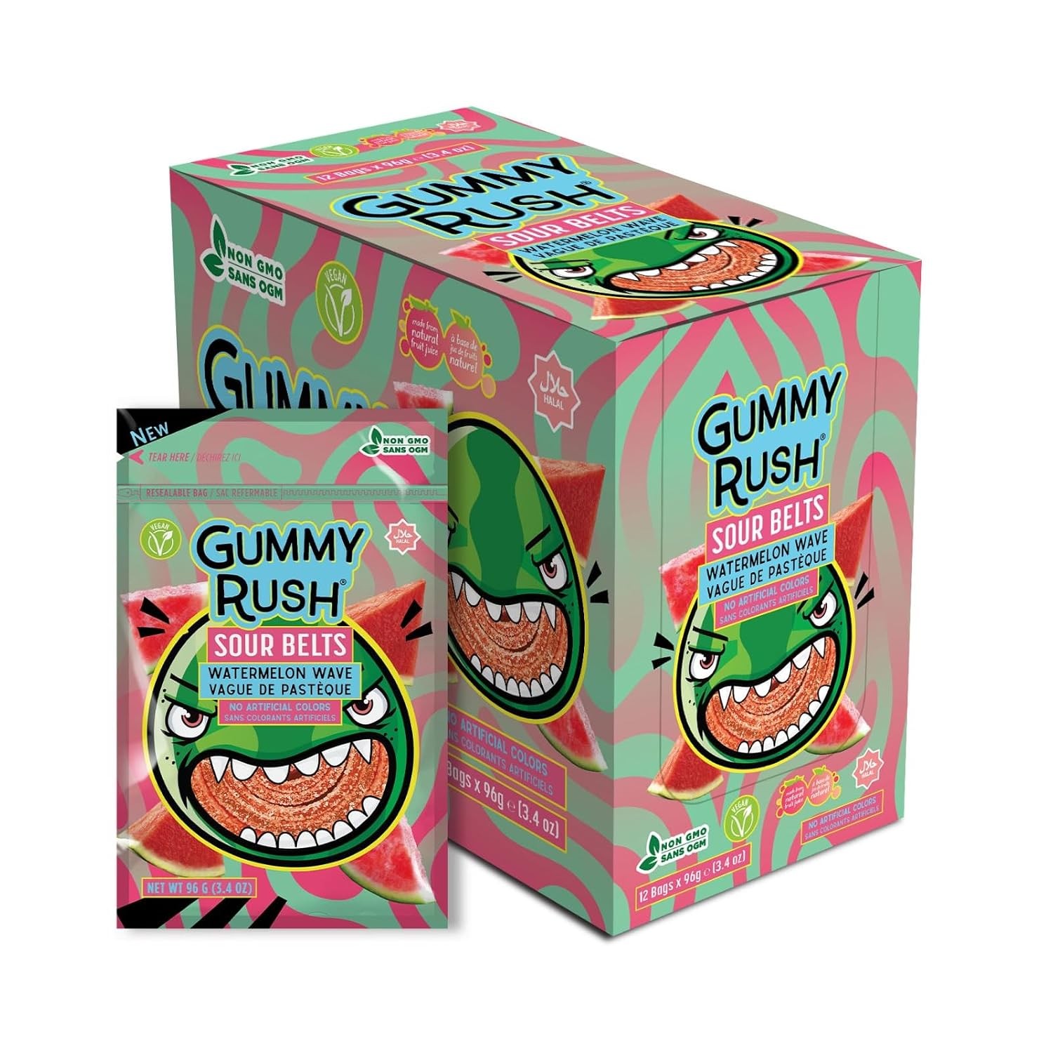 Gummy Rush Sour Belts Rainbow Quattro 3.4oz Peg Bag 12ct