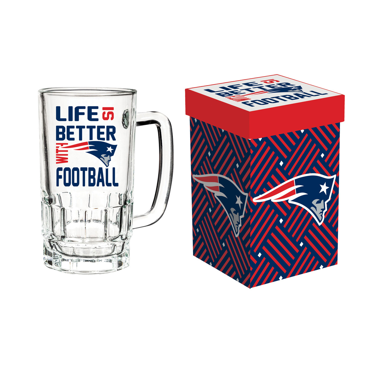 New England Patriots Glass Tankard Mug with Box 18oz