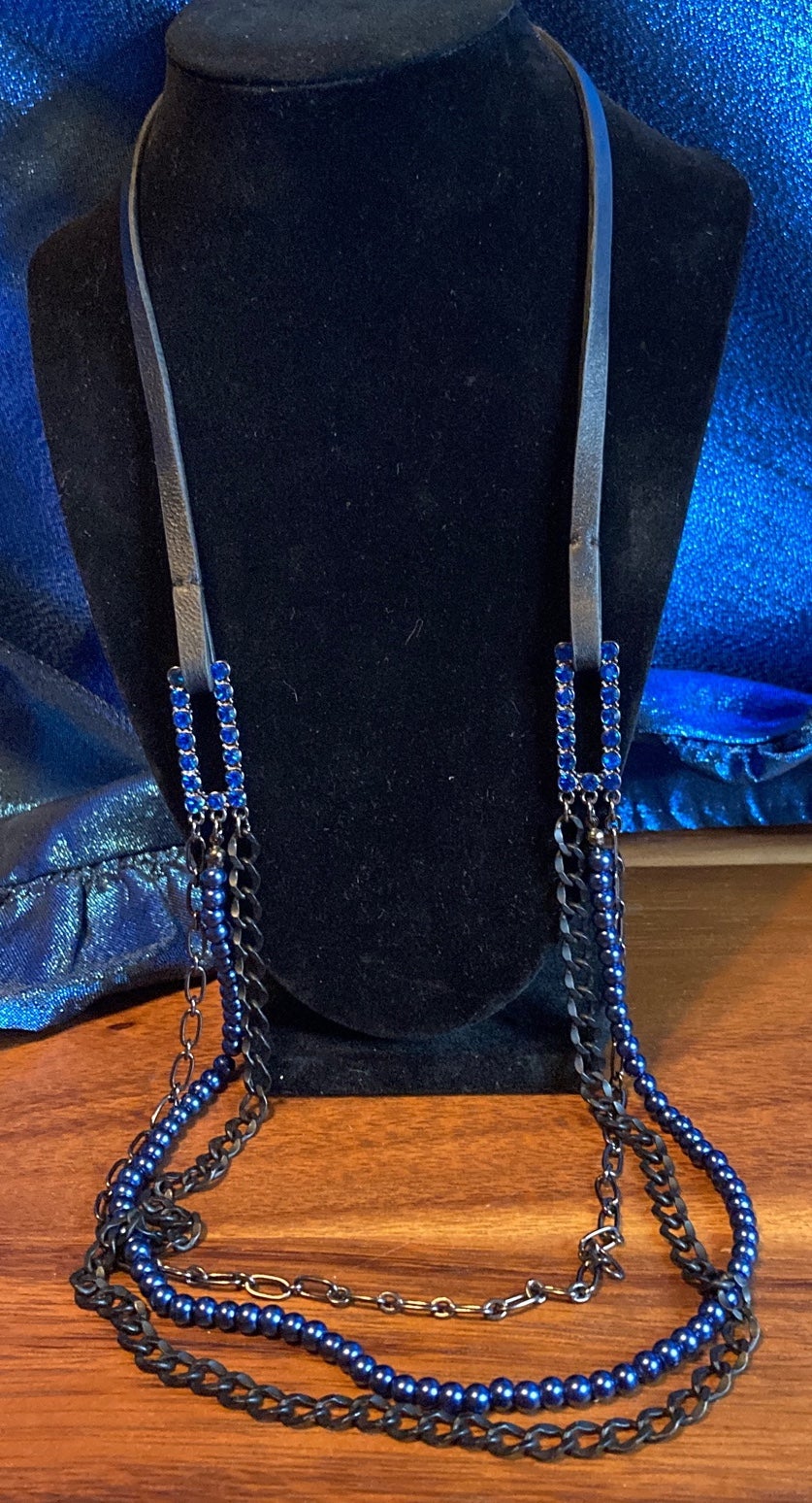 Guess Necklace with Blue Rhinestones, chains and faux pearls