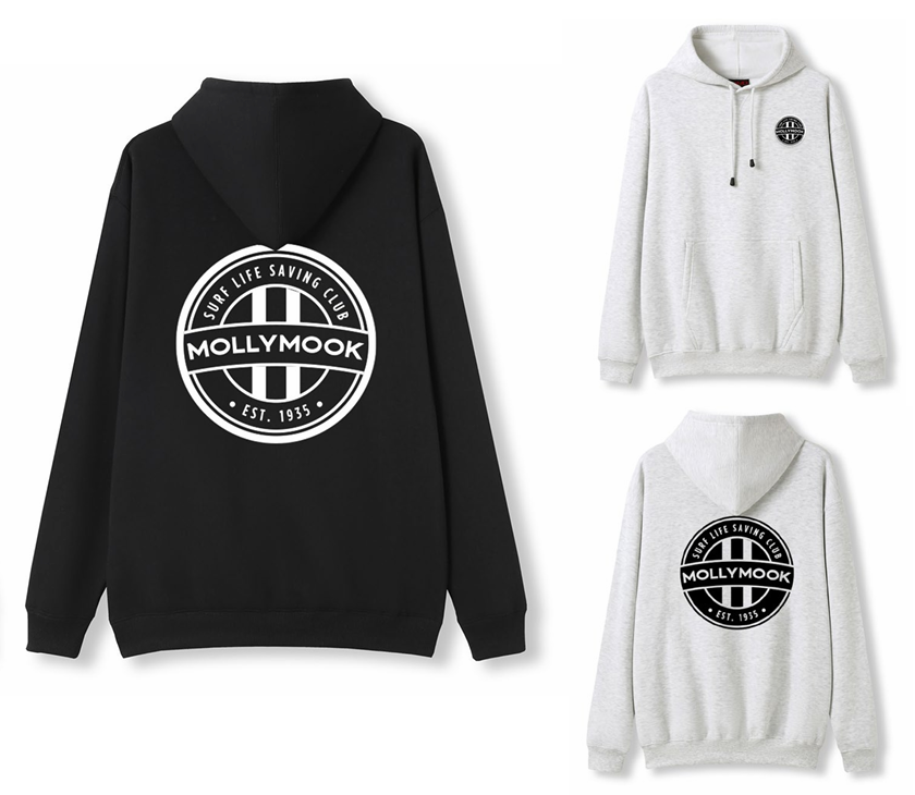 Black and marl-grey Mollymook hoodies shown from the front and back with circular club logos.