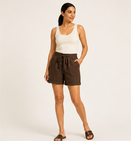 Plus Size Elastic Waist Tie Front Cuffed Hem Linen Shorts