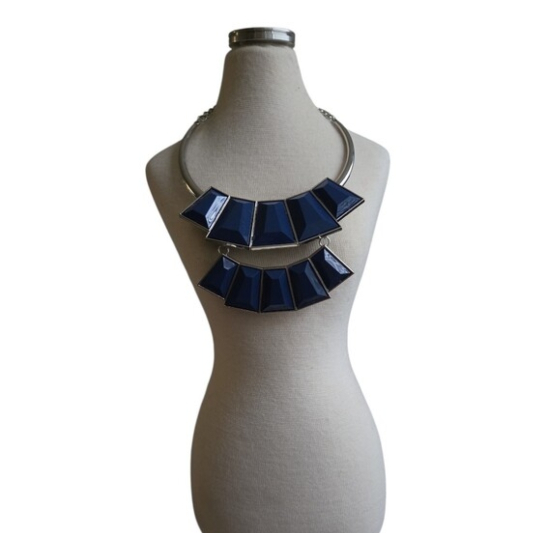 Silver Toned Blue Geometric Bib Necklace