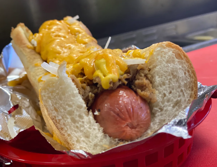 The Mojo Glizzy with Cuban mojo pork and cheddar