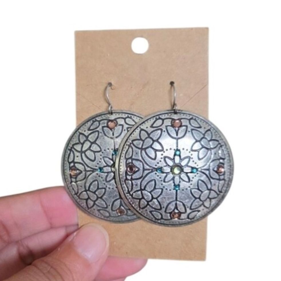 Vintage Fashion Bug Silver-Tone Floral Medallion Drop Earrings