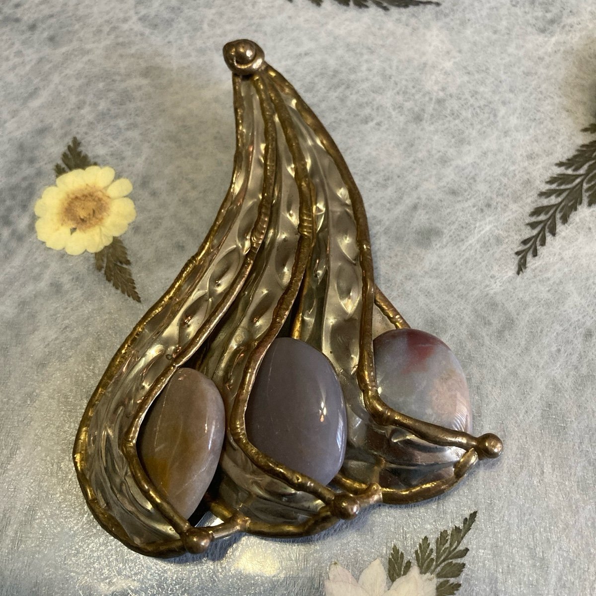 Vintage Artisan made Brutalist Style Metal and Stone Pendant