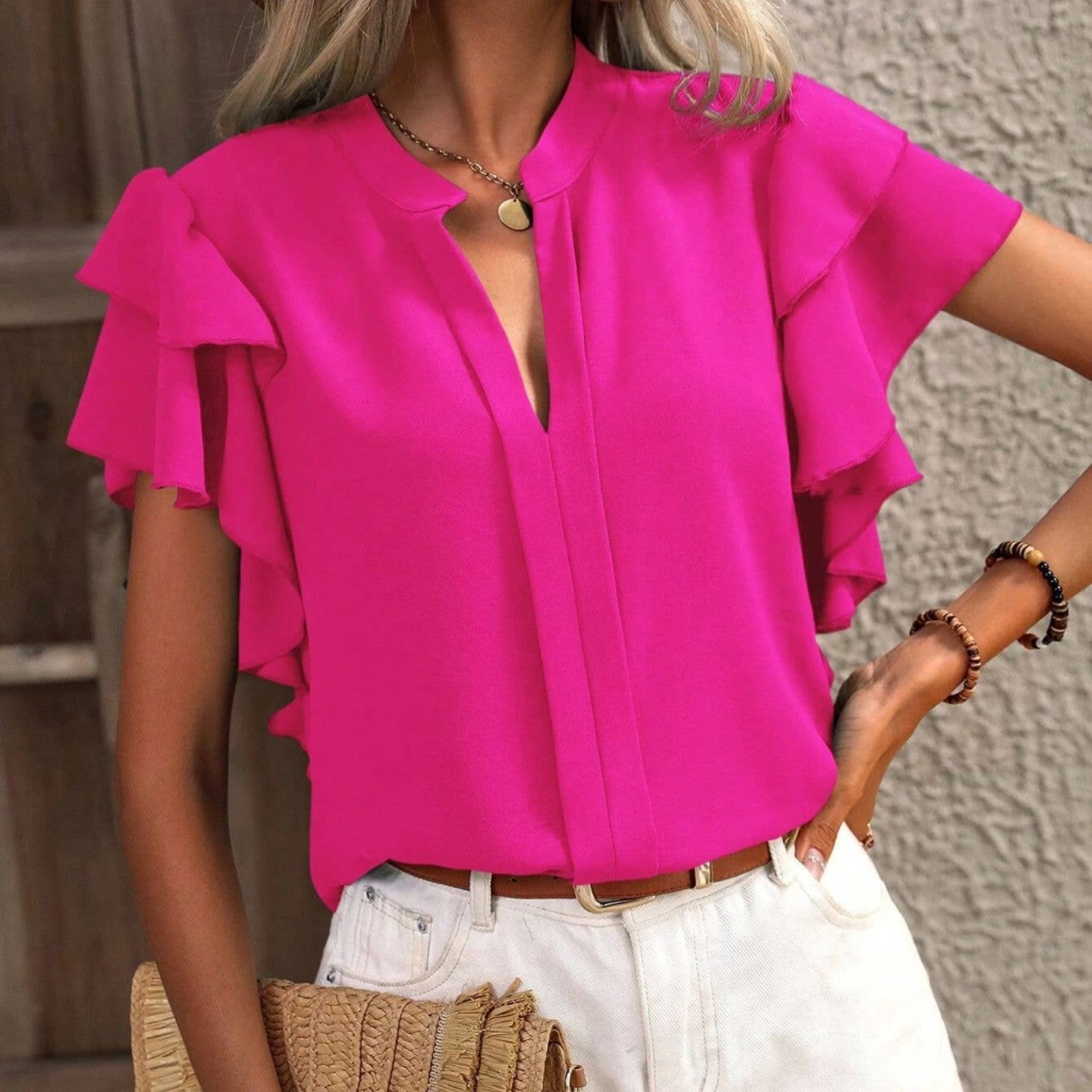 V Neck Casual Double Layer Lotus Sleeve Blouse
