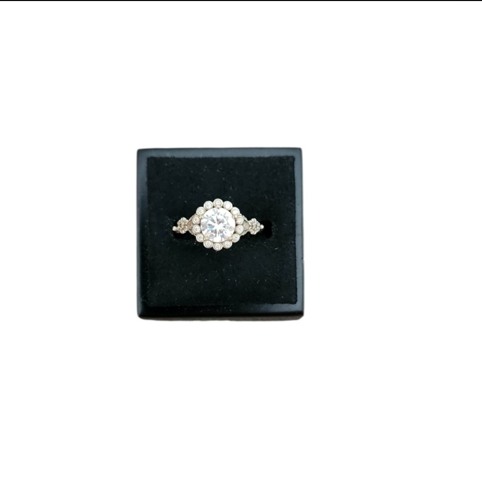 Size 6 Silver Toned Art Deco Halo Cluster Engagement Ring