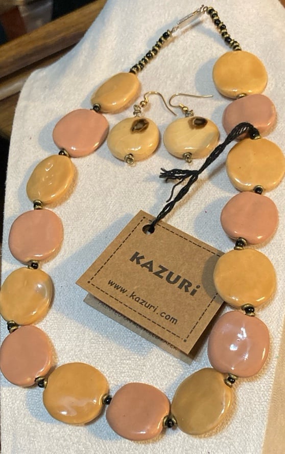 KAZURI Hand made in Kenya Clay Earth tone Beaded Round Necklace with Earrings