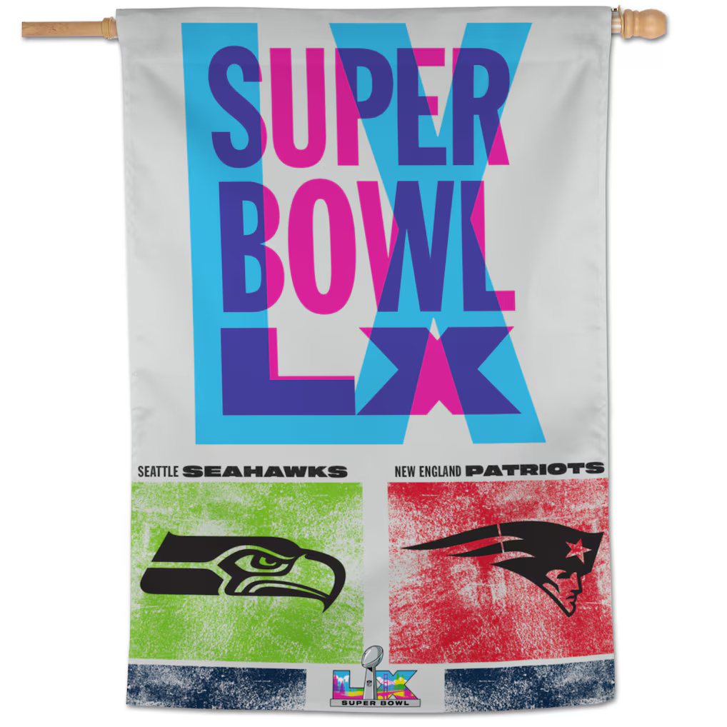 Seattle Seahawks Vs New England Patriots Super Bowl LX Dueling Vertical Banner 28x40"