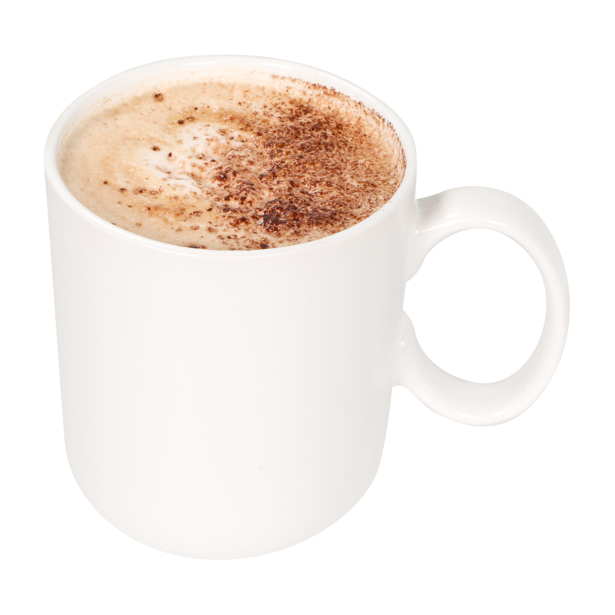 Hot chocolate with a frothy top dusted with cocoa in a white mug