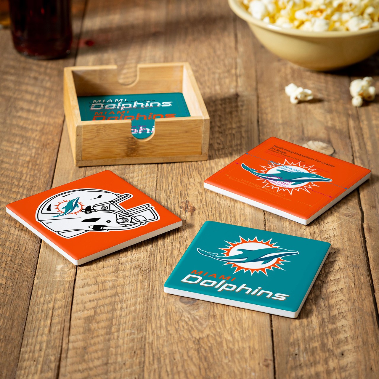 Miami Dolphins 4 Piece Coaster Set with Wood Caddy