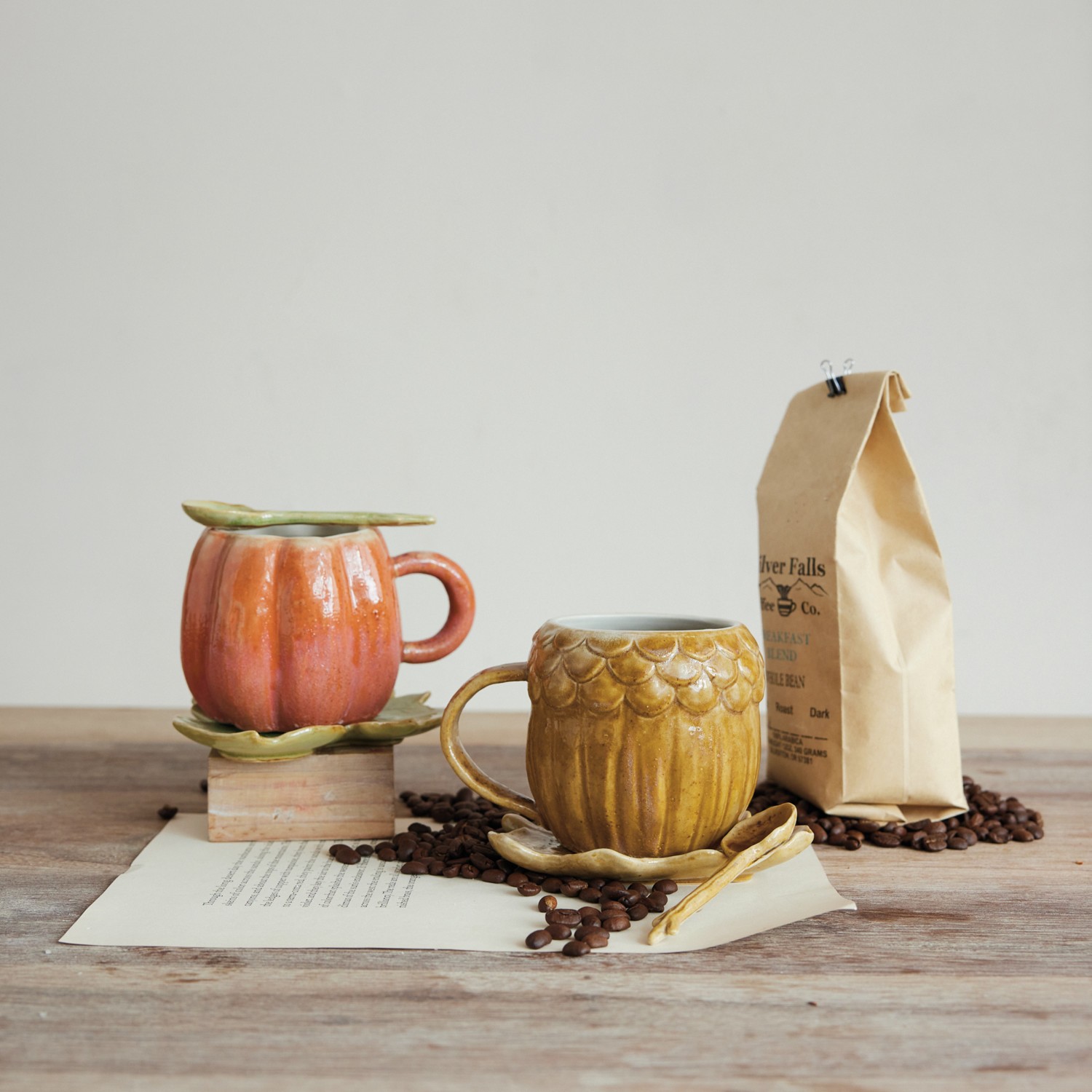 Stoneware Pumpkin Mug W Leaf Shaped Saucer & Spoon - Nest & Nook Sonora Boutique