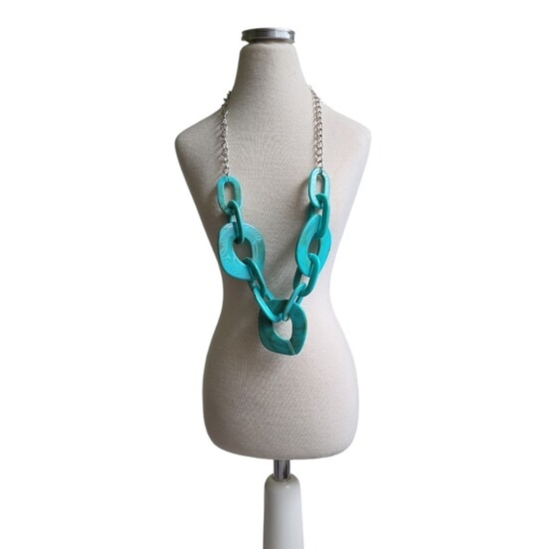 Silver Toned Turquoise Tan Swirl Link Statement Necklace