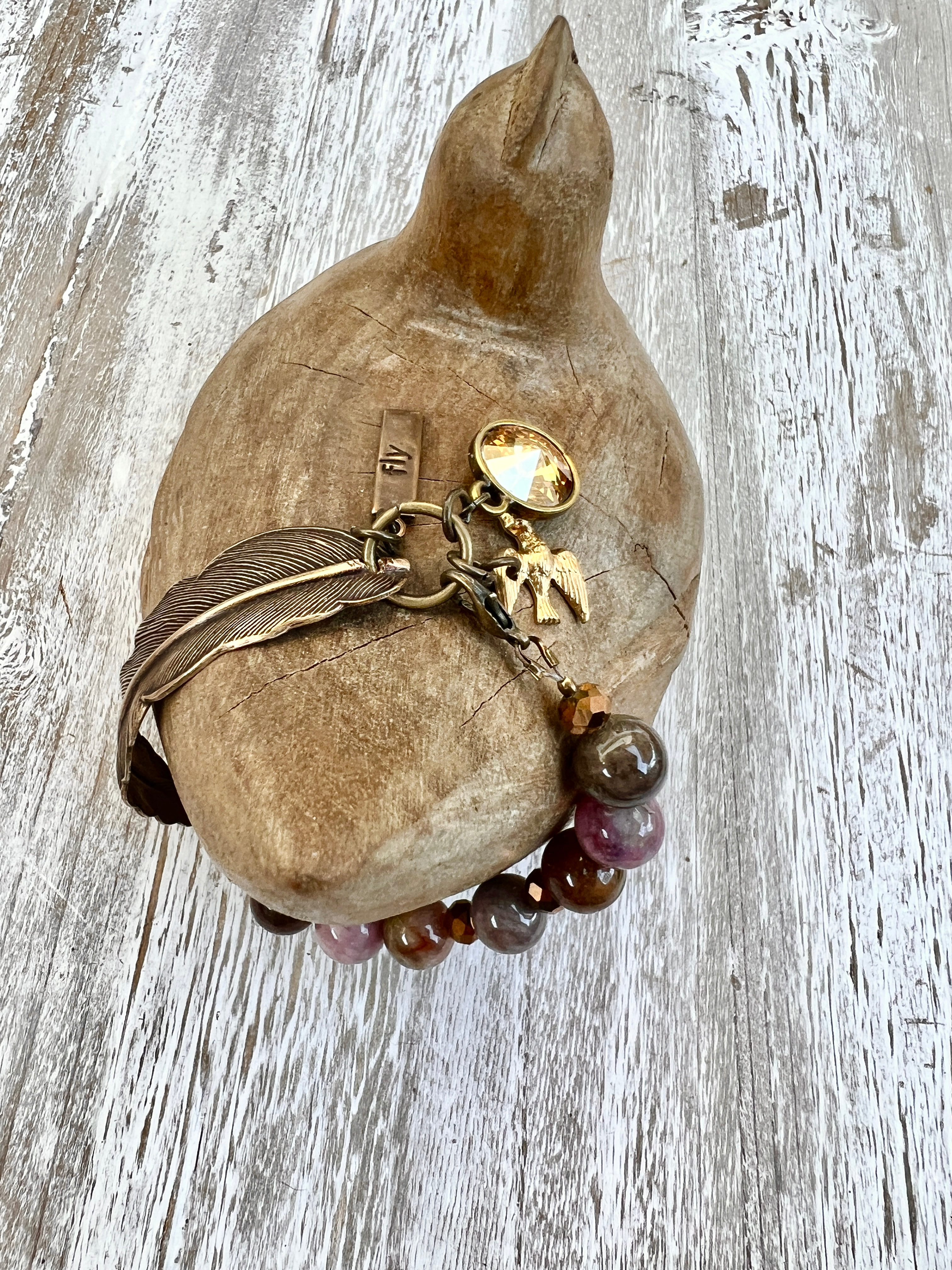 Vintaj Natural Brass Feather with Brazilian Watermelon Tourmaline (Pink), Crystal Spacers & Swarovski Crystal Rivoli Gold with "Fly" & Gold Bird Charm.