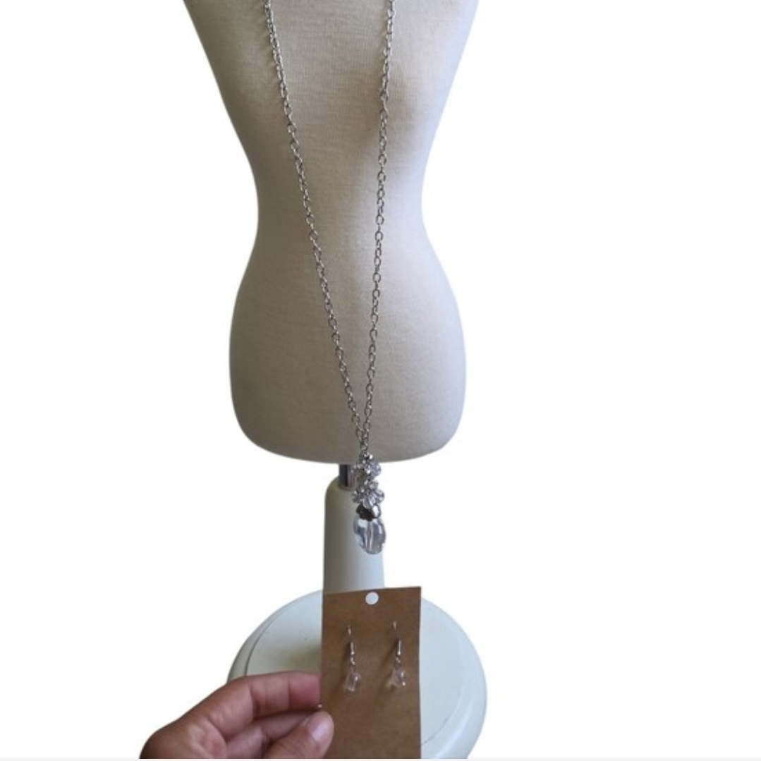 Silver Toned Crystal Pendant Long Necklace and Earrings Set 20"