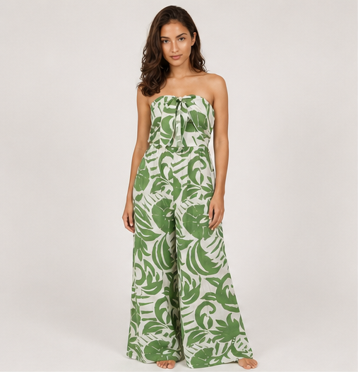 Women Strapless Tropical Print Wide Leg Jumpsuit Summer
