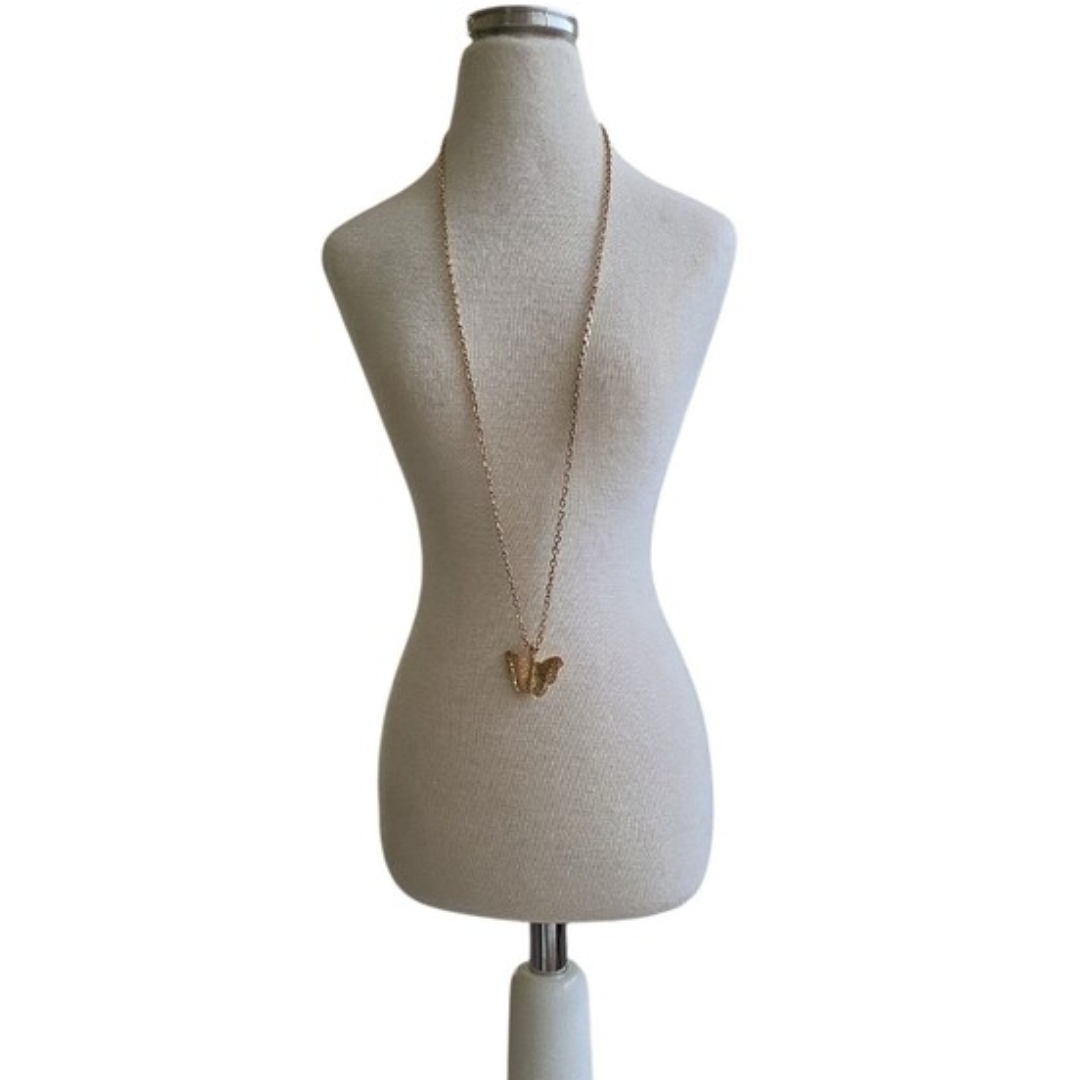 Gold Toned Butterfly Pendant Necklace 24"