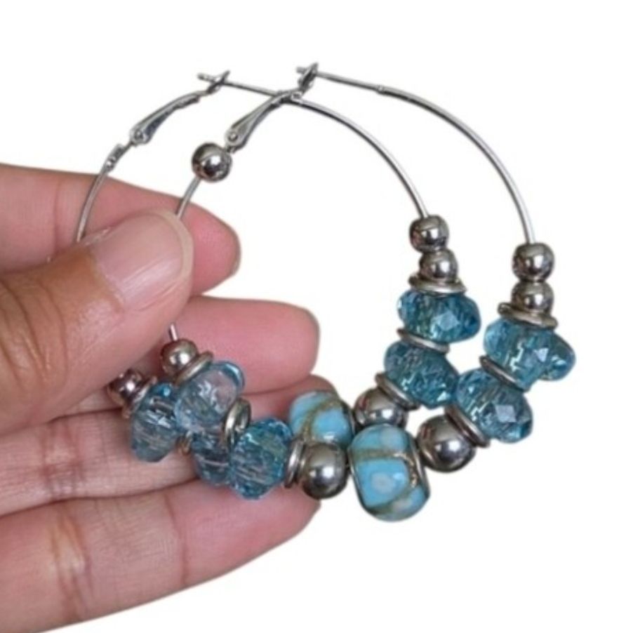 Vintage Silver Toned Hoop Earrings with Blue Beads 2"