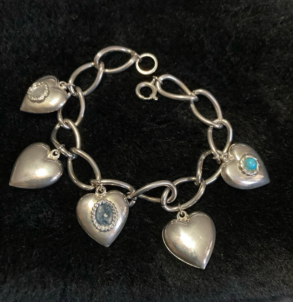 Hearts Charms Silver Tone Dangle Turquoise heart Bracelet