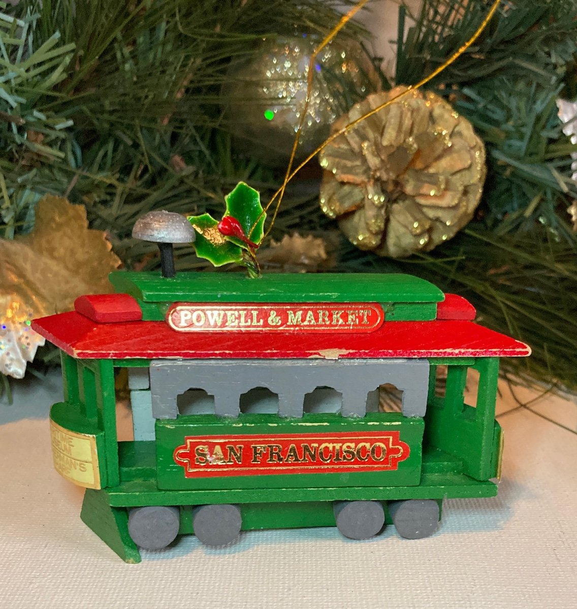 Vintage San Francisco Powell & Market Wood Train Car Trolley Christmas Ornament