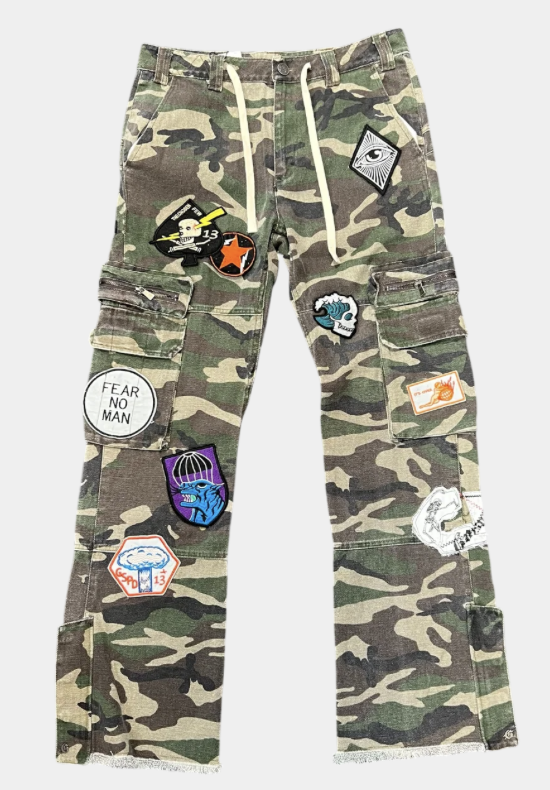 GODSPEED CAMO PATCHWORK FLARED CARGO PANTS