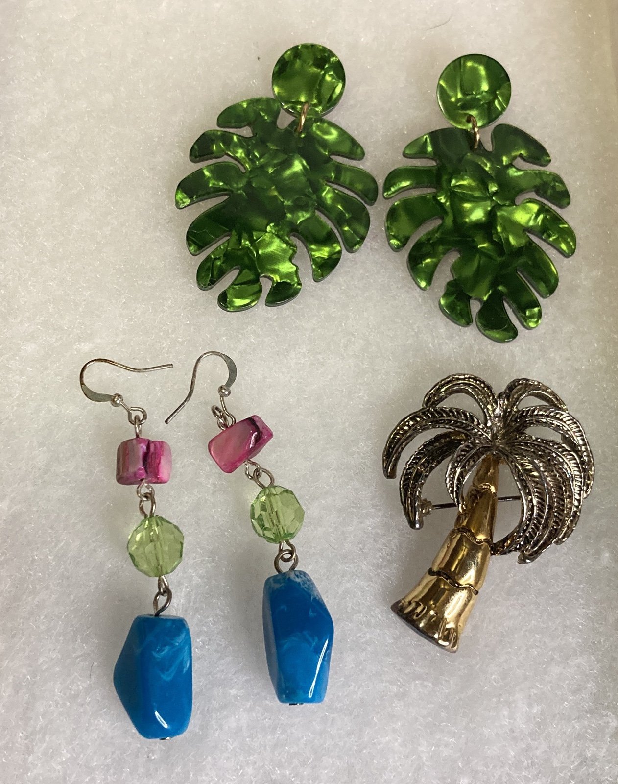 Lot of Palm Leaf Earrings, Long Dangle earrings and Palm Tree Pin or Necklace