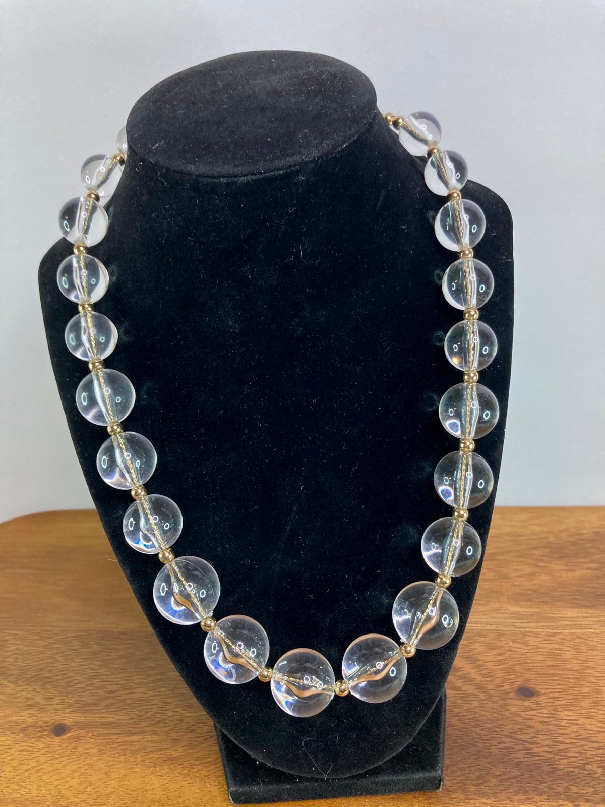 Clear Lucite Round Beaded Necklace Gold tone C1946 tag