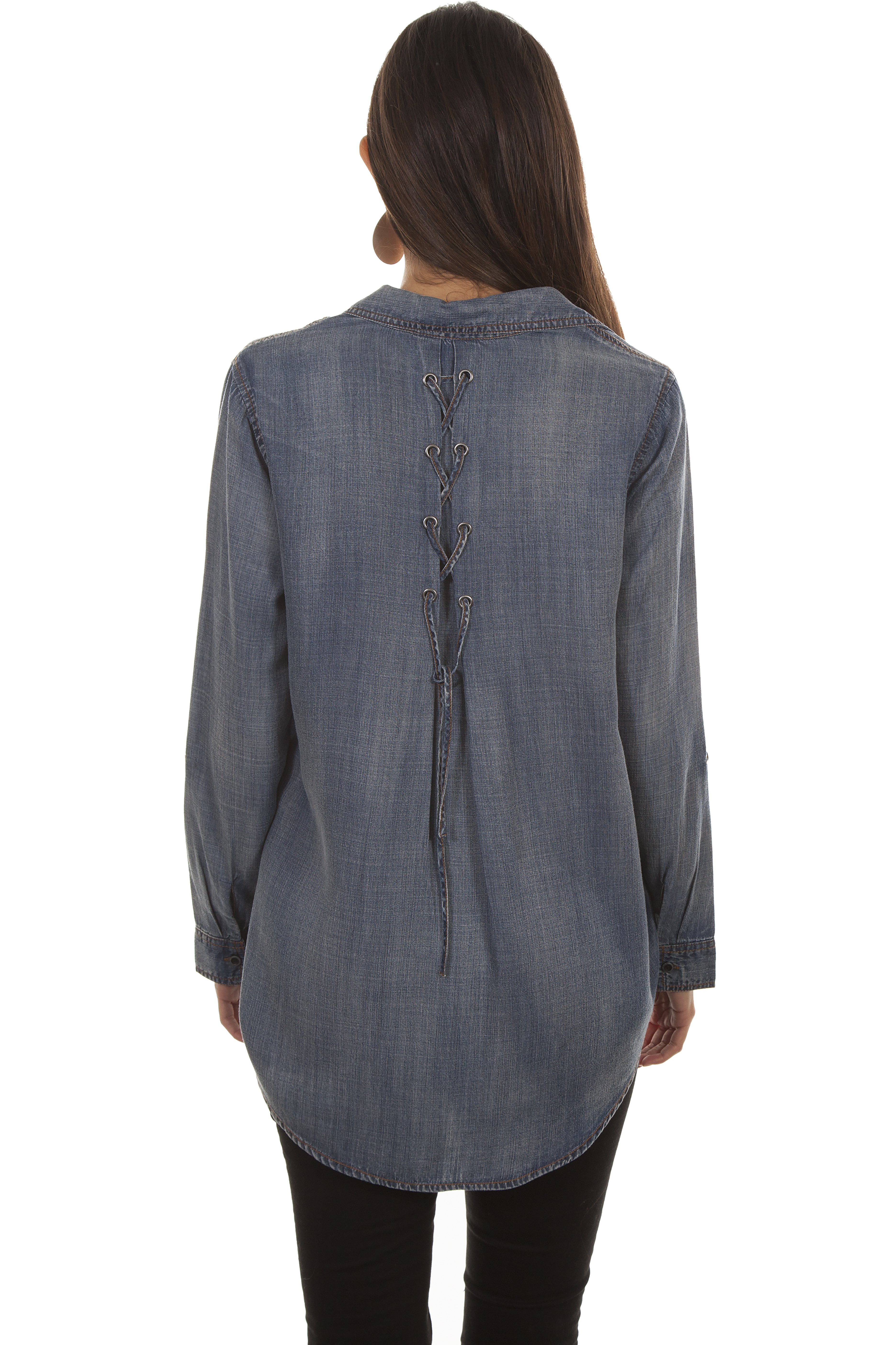 Hi/Lo Button Front Lace Up Back Blou