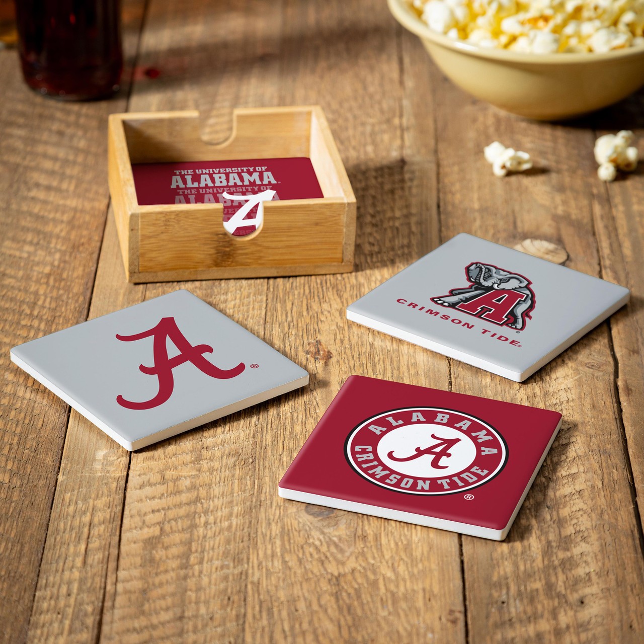 Alabama Crimson Tide 4 Piece Coaster Set with Wood Caddy