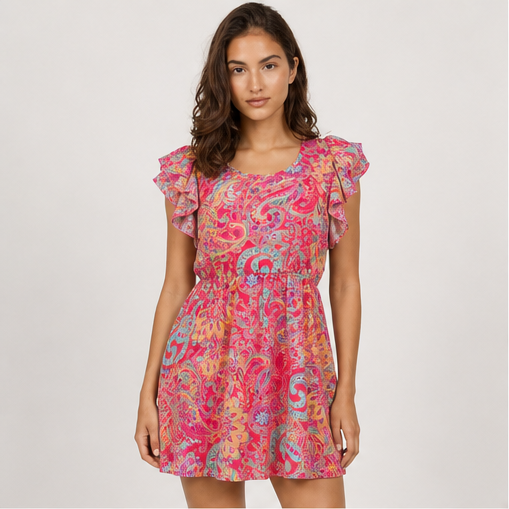 Boho Paisley Print Backless Short Sleeve Mini Dress