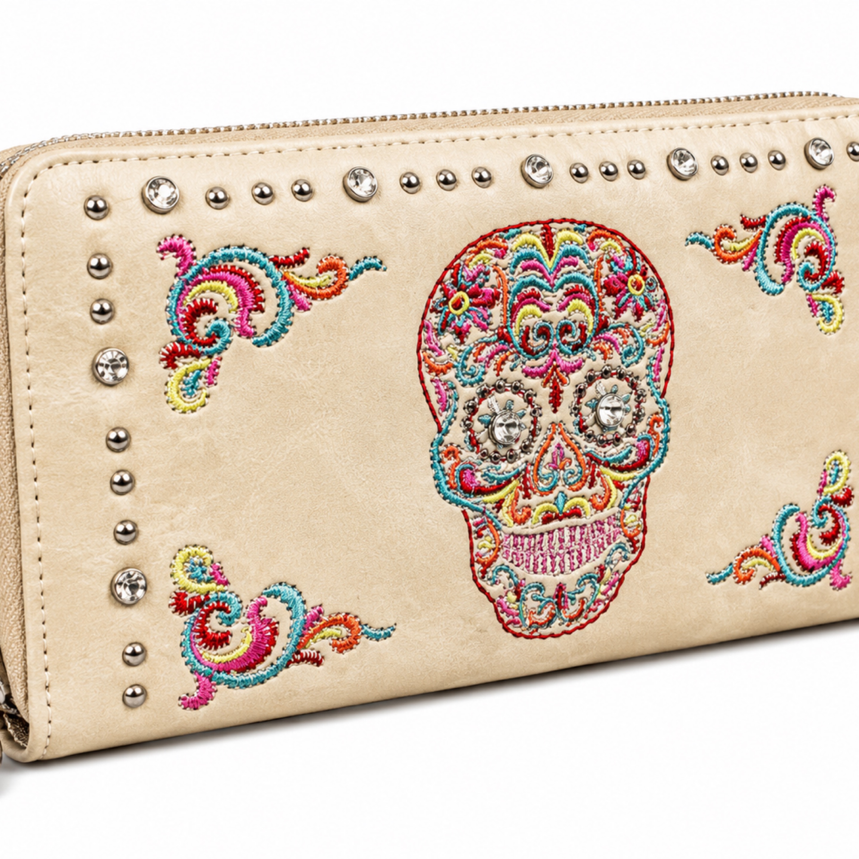 Cream Sugar Skull Embroidered Zip Wallet
