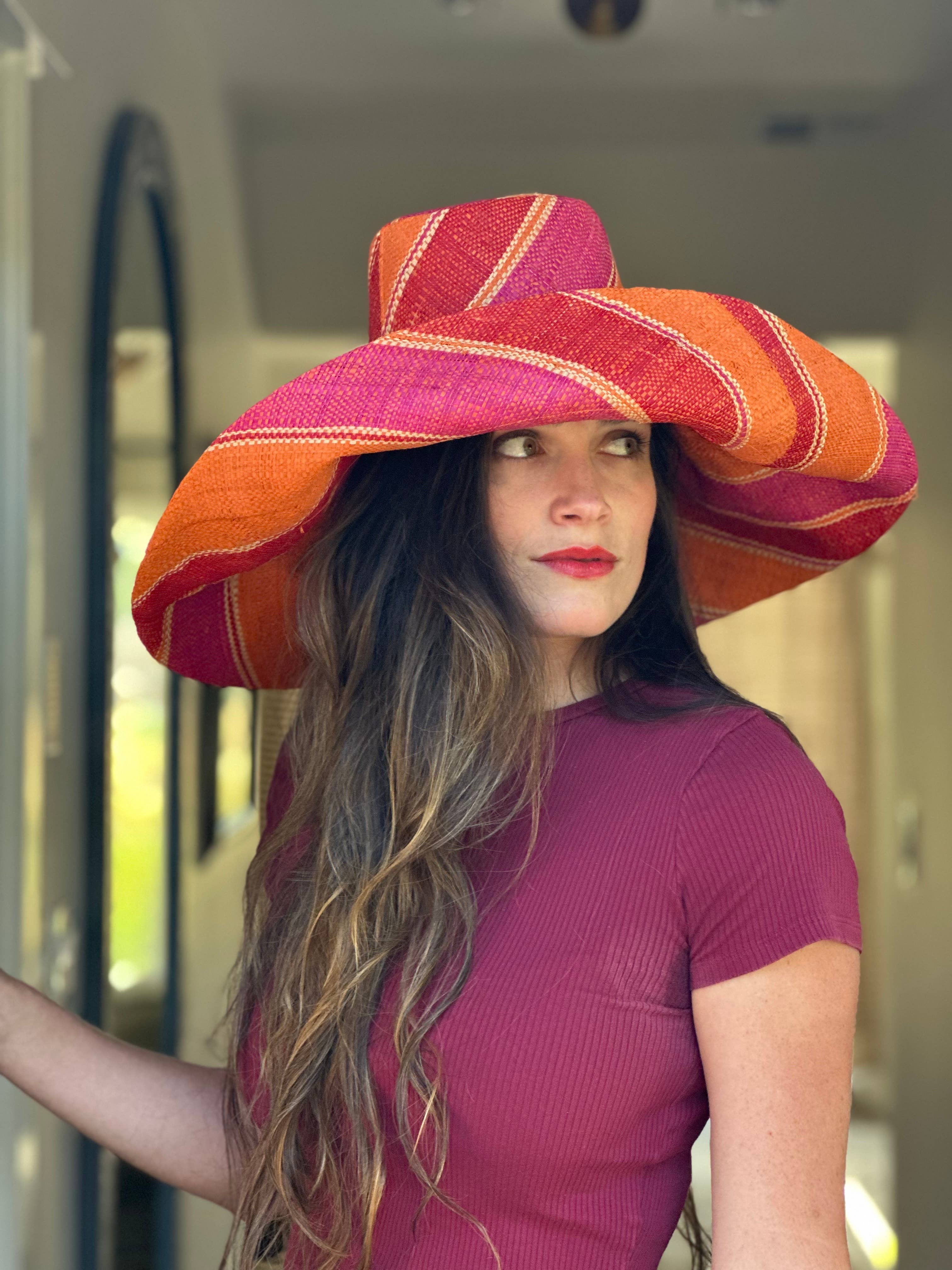 5" & 7" Wide Brim Multicolor Stripe Packable Straw Sun Hats