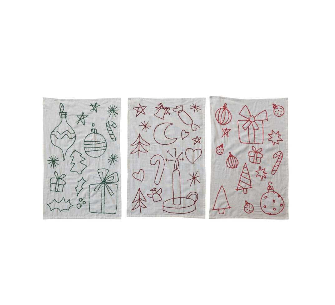 Embroidered Holiday Woven Cotton & Linen Tea Towel, Set of 3