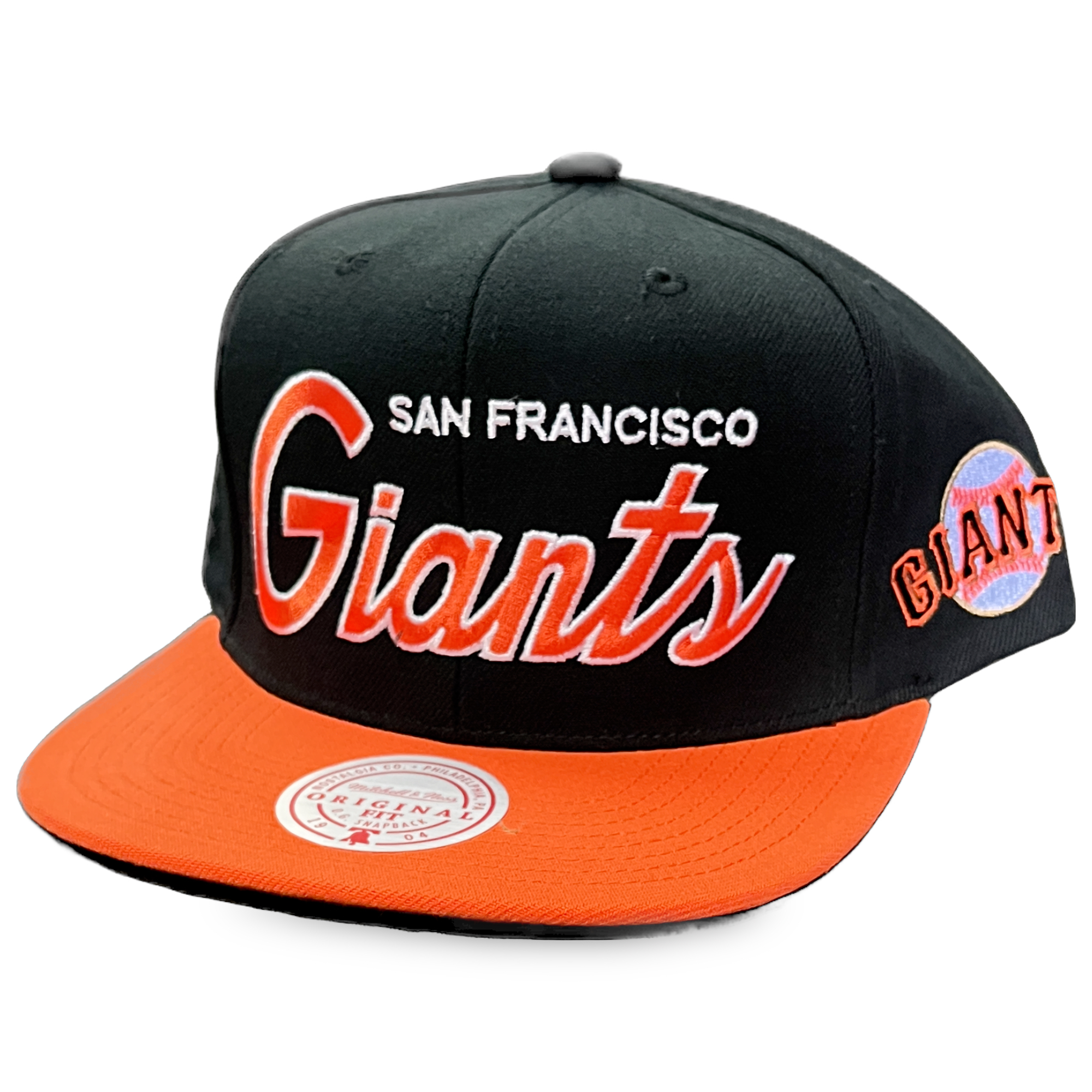 San Francisco Giants Retro Script Mitchell and Ness Black/Orange Snapback Hat