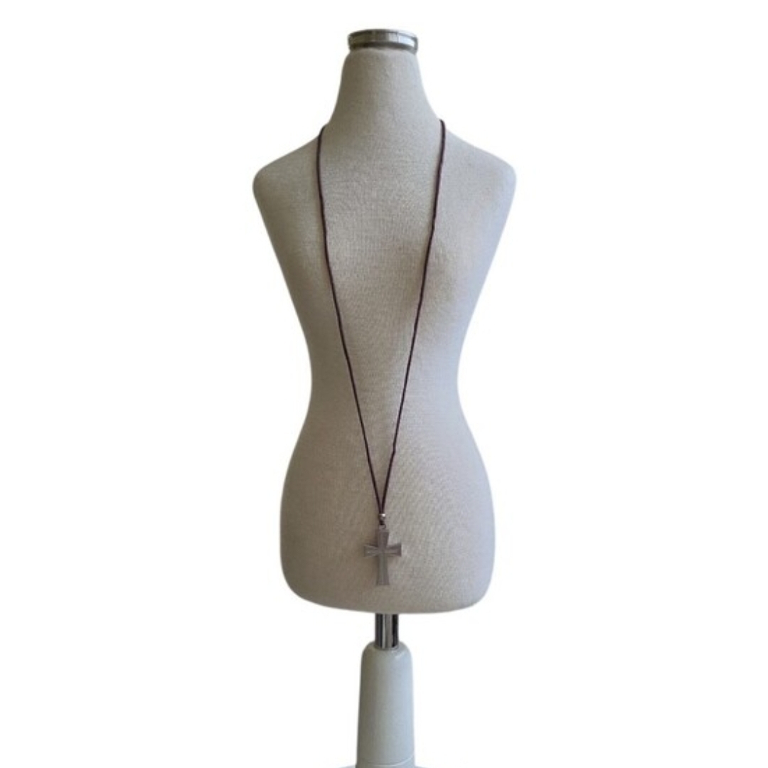 Long Brown Cord Necklace with Silver Cross Pendant 31"