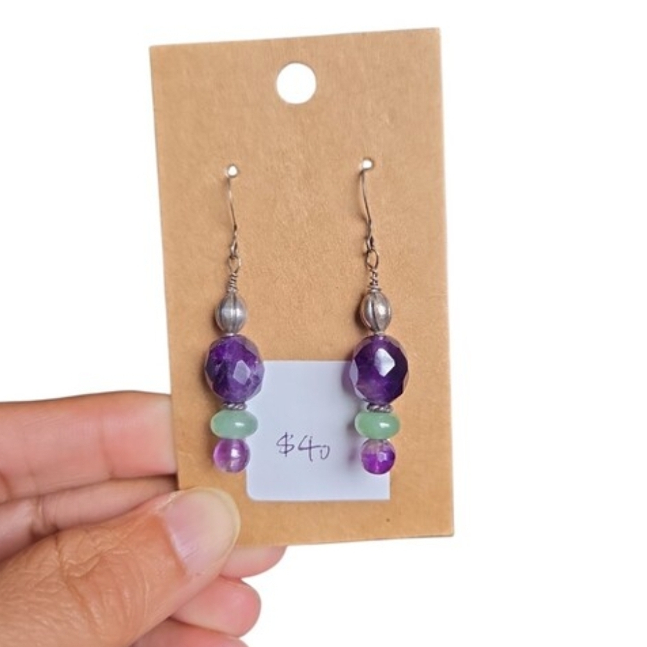 Silver Toned Handmade Purple and Green Beaded Drop Earrings 2"