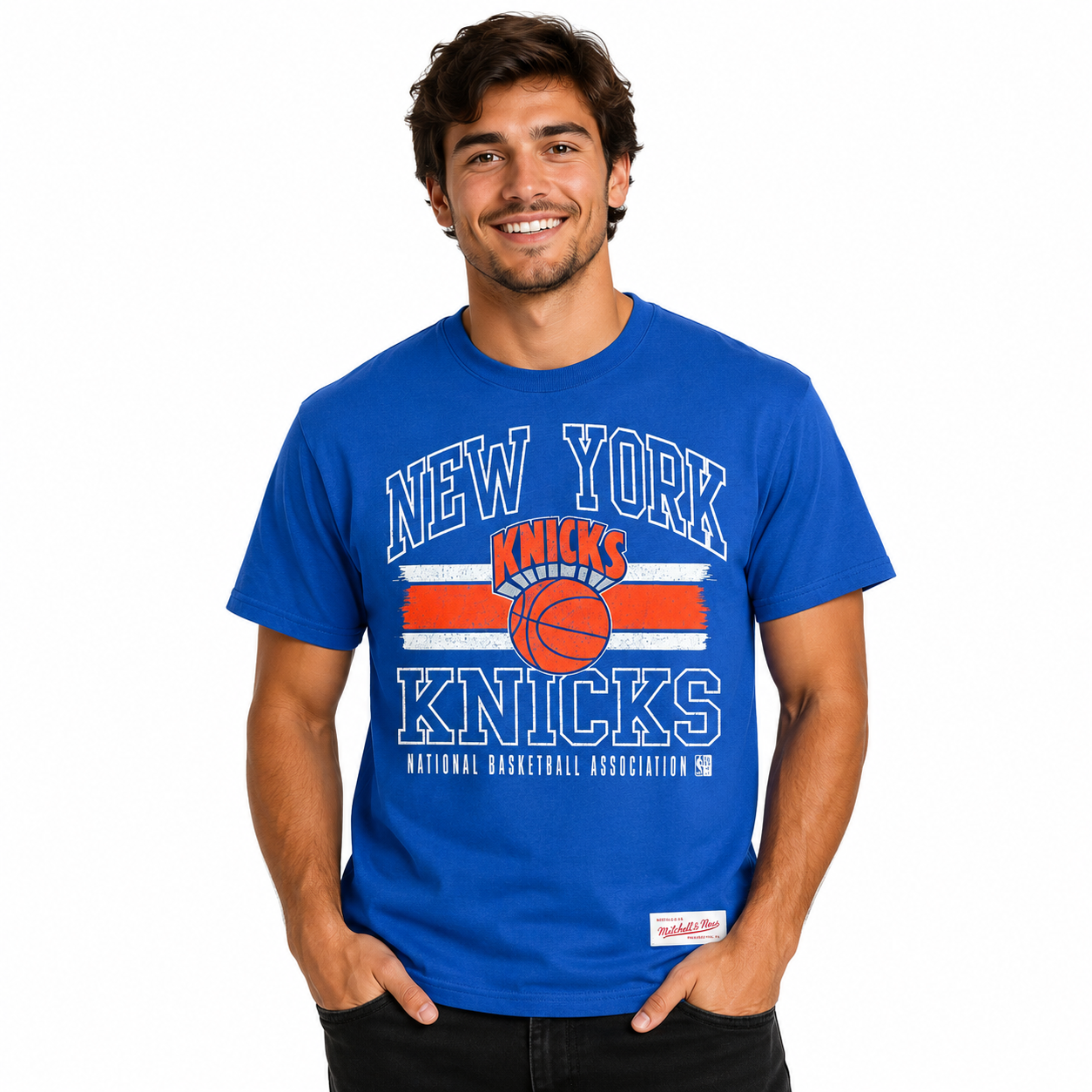New York Knicks Royal Striped Logo Mitchell and Ness Lockup Slub Shirt