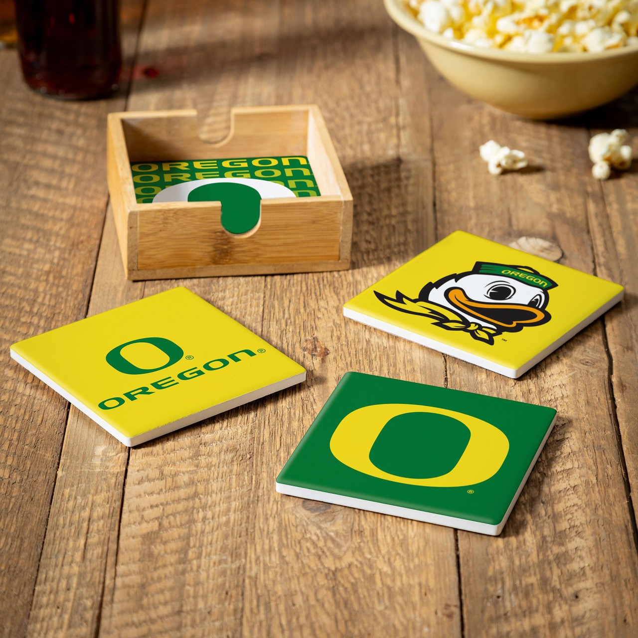 Oregon Ducks 4 Piece Coaster Set with Wood Caddy