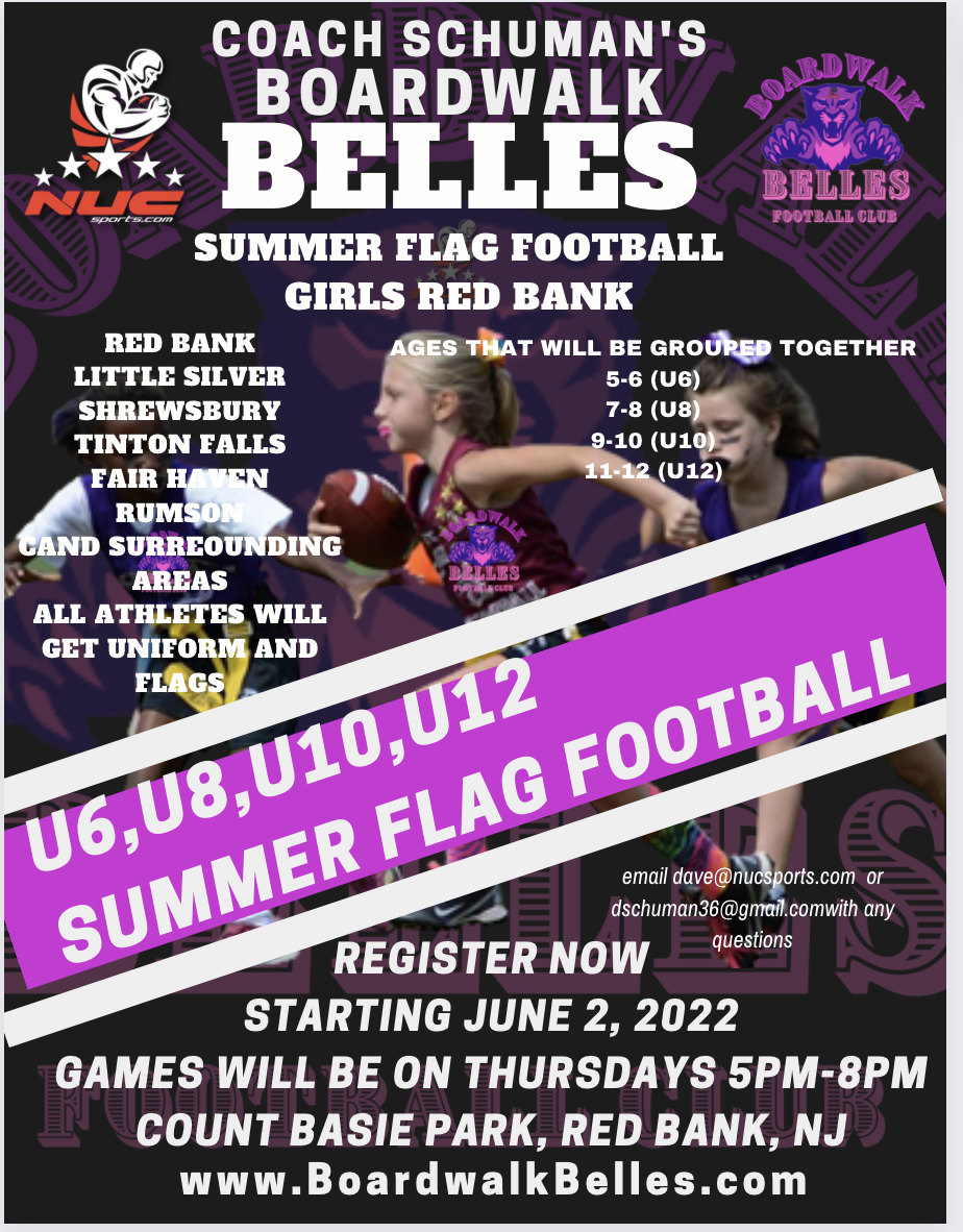 NUC Boardwalk Belles Girls Flag Football League U6, U8, U10, U12 Thursday Evenings June 2nd to July 14th