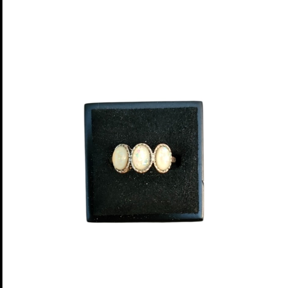 Size 6 Gold Toned Three Stone Oval Opan Cubic Zirconia Ring