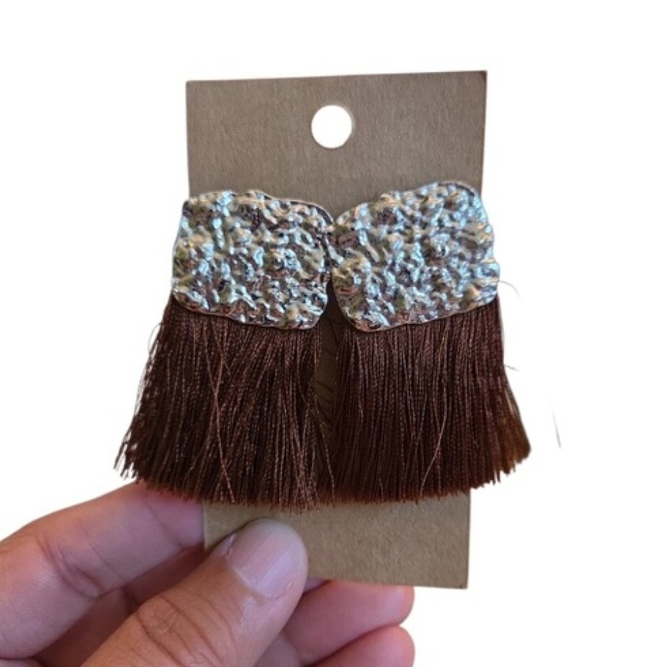 Silver Toned Textured Brown Fringe Tassel Earrings 2.5"