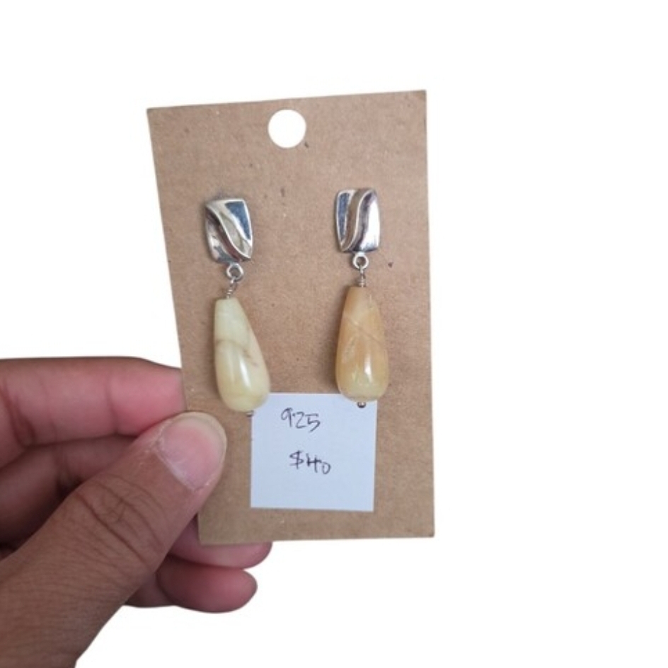 Vintage 925 China Silver Drop Beige Teardrop Earrings