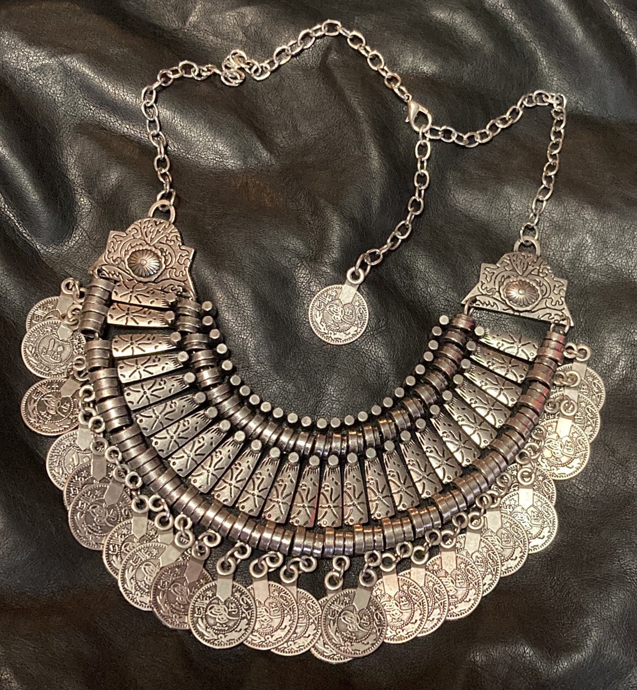 Turkish Coin Statement Necklace Silvertone
